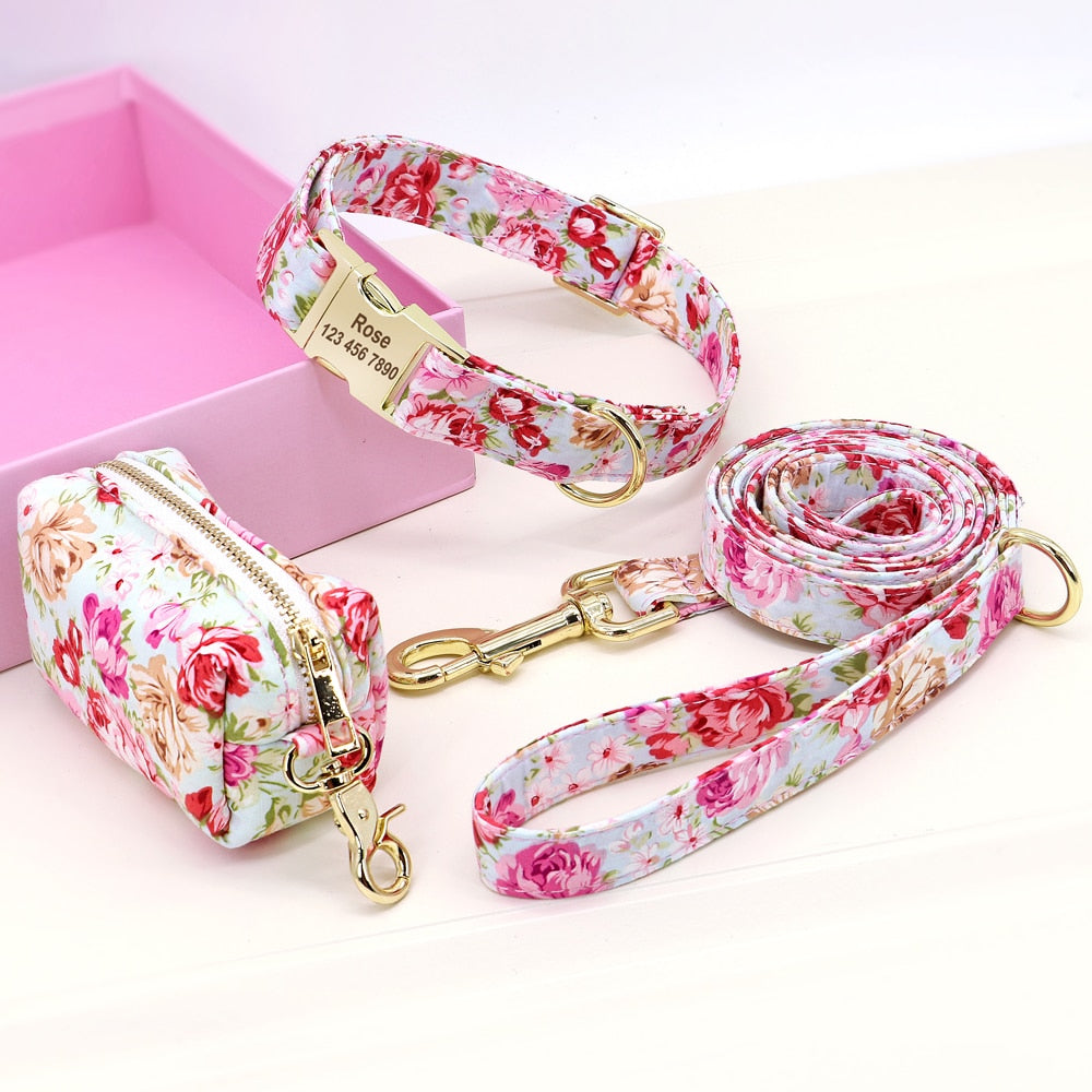 Custom Engraved - Flower Dog Collar Leash Set