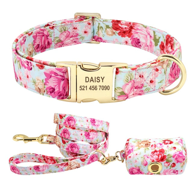 Custom Engraved - Flower Dog Collar Leash Set