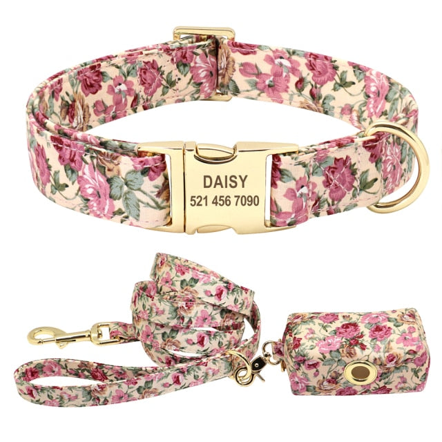 Custom Engraved - Flower Dog Collar Leash Set