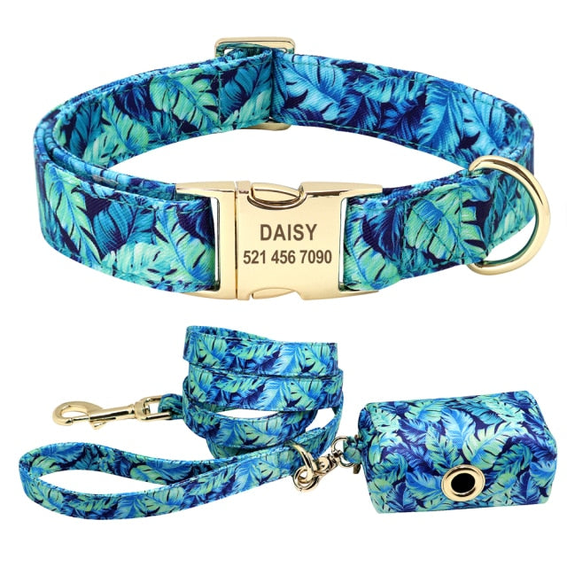 Custom Engraved - Flower Dog Collar Leash Set