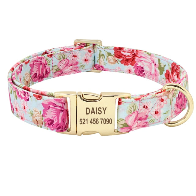 Custom Engraved - Flower Dog Collar Leash Set