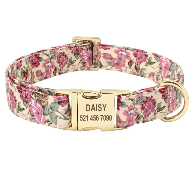 Custom Engraved - Flower Dog Collar Leash Set