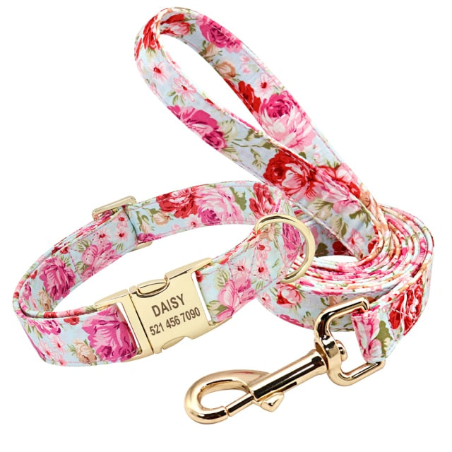 Custom Engraved - Flower Dog Collar Leash Set