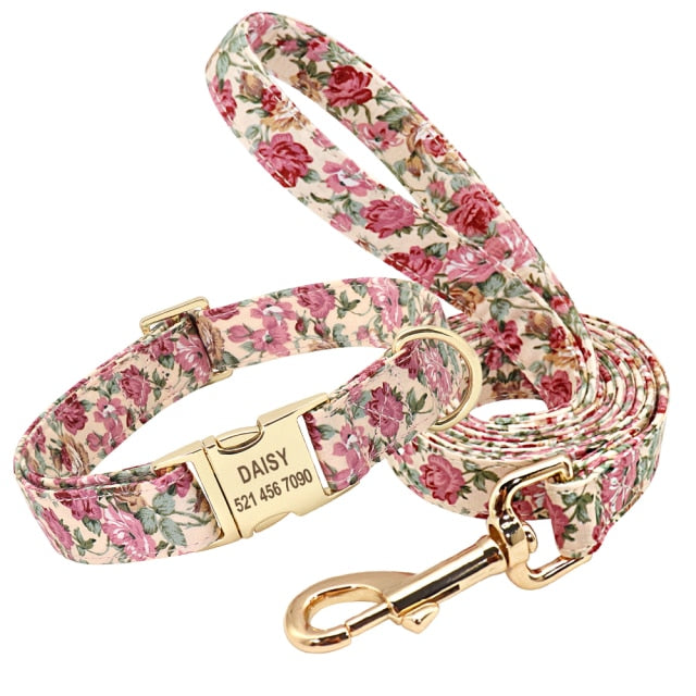 Custom Engraved - Flower Dog Collar Leash Set