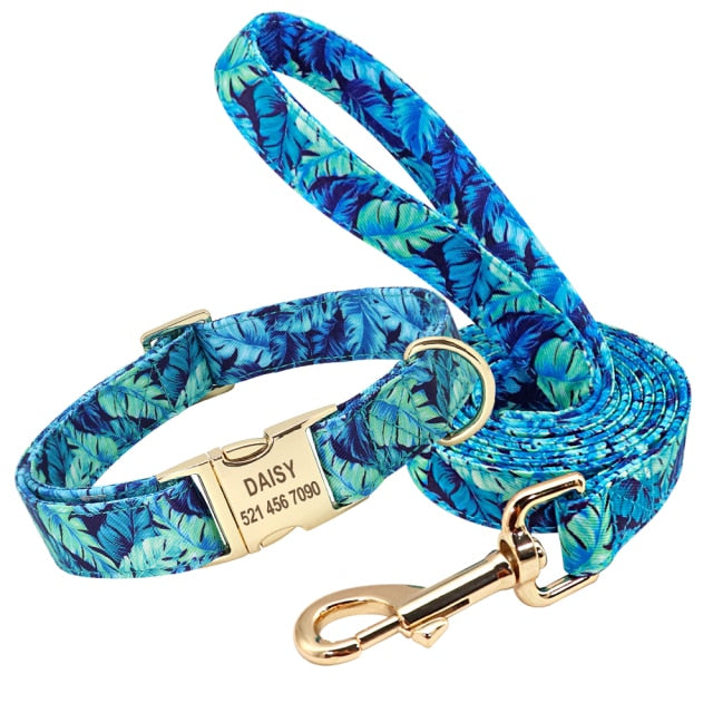 Custom Engraved - Flower Dog Collar Leash Set